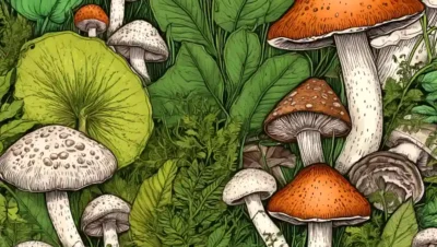 Una imagen de cerca de varios hongos con vegetación y texto superpuesto destacando sus beneficios medicinales.