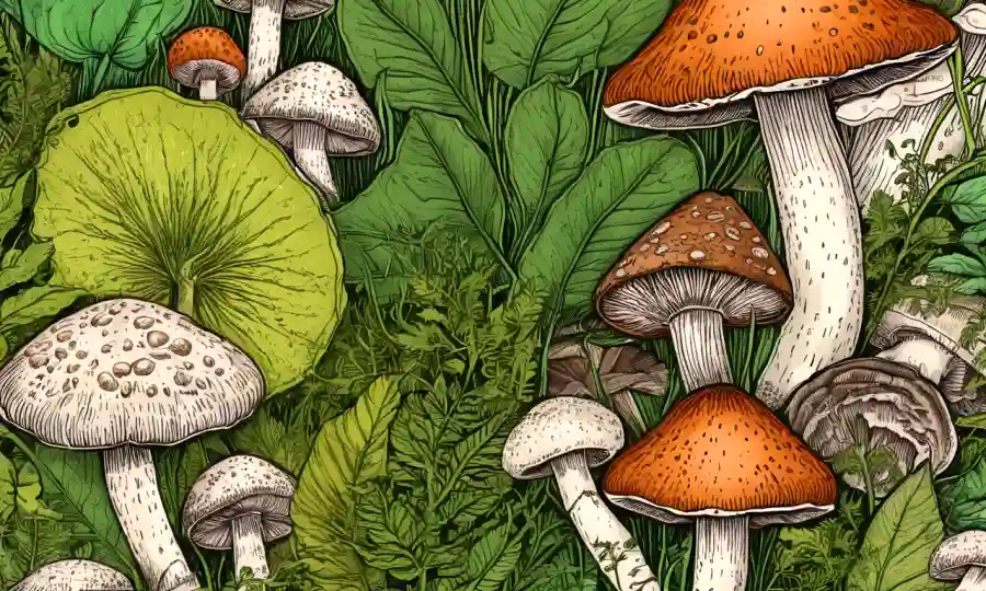Una imagen de cerca de varios hongos con vegetación y texto superpuesto destacando sus beneficios medicinales.