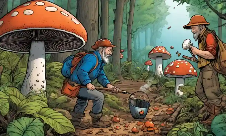 Una escena forestal con coleccionistas de hongos utilizando métodos y equipos sostenibles.