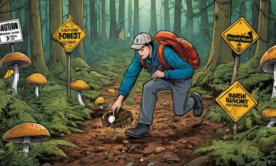 Una persona que recoge cuidadosamente hongos del suelo forestal, rodeado de señales de precaución y naturaleza.
