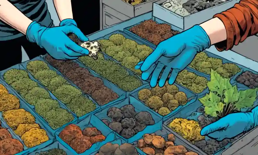 Una persona que lleva guantes y sostiene especímenes fúngicos en medio de métodos de colección sostenibles.