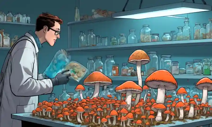 Un entusiasta de hongos estudiando especímenes de hongos en un laboratorio junto a grupos emergentes de culto.