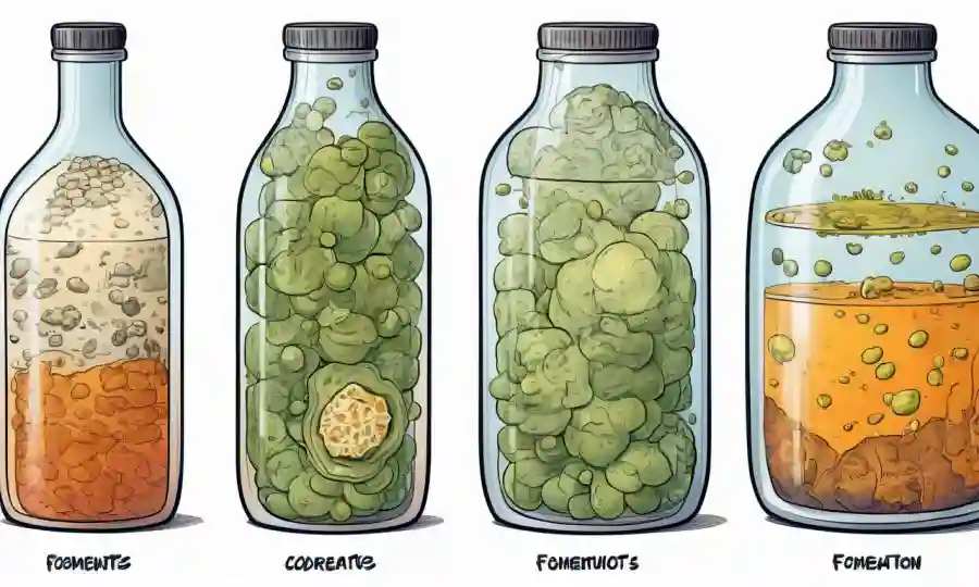 Ilustración científica que representa diferentes etapas de fermentación con diversos subproductos y sus aplicaciones.