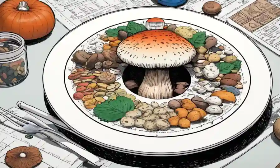 Un espécimen de hongos en un plato, rodeado de gráficos nutricionales y suplementos.