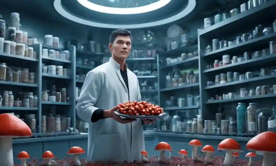 Persona sujetando setas rodeadas de suplementos inmunitarios en un laboratorio futurista.