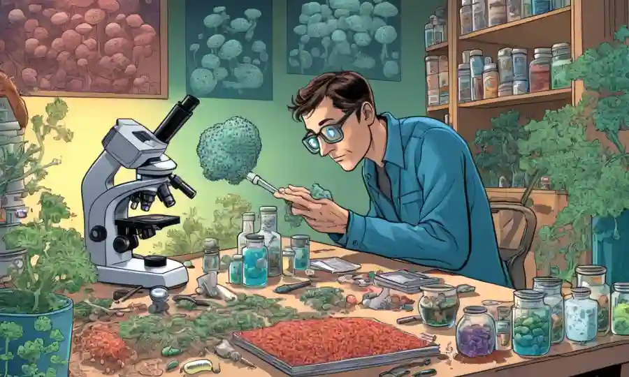 Una persona que mira los crecimientos fúngicos a través de un microscopio rodeado de suplementos con temática de salud.