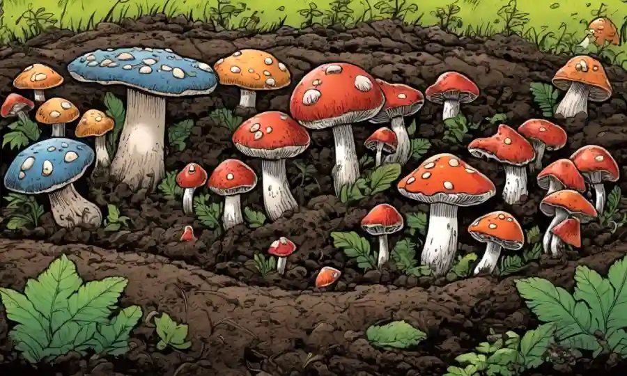Setas reunidas en una cama de compost bien mantenida, con varias etapas de crecimiento.