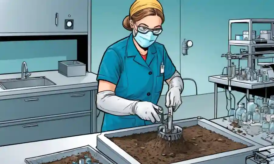Un técnico de laboratorio que opera una máquina procesa muestras de suelo para esterilización.