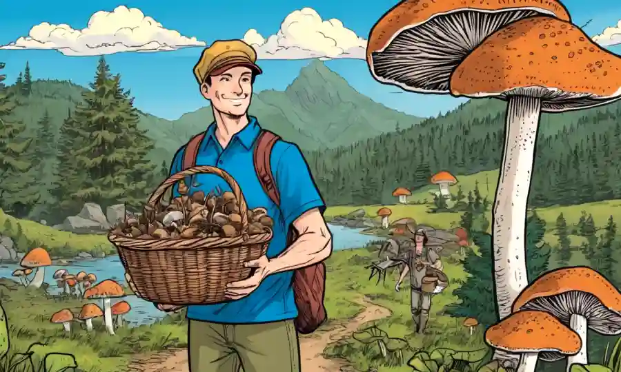 Persona conteniendo una canasta de setas silvestres frescas en la naturaleza, con un fondo de textos educativos.