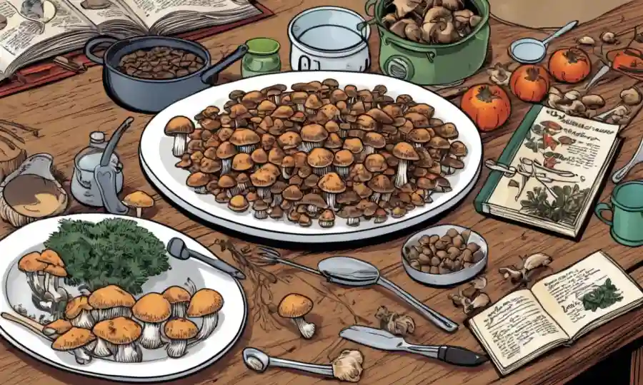 Un grupo de hongos comestibles en una mesa con utensilios de cocina y recetas.