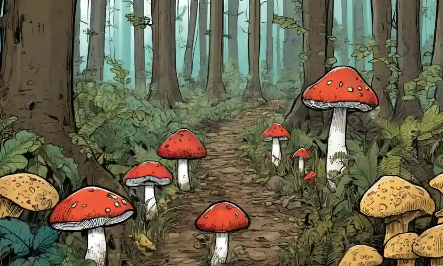 Setas comestibles creciendo en el bosque con notas educativas e imágenes.