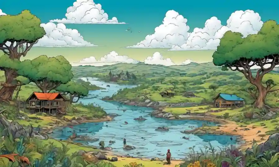 Una mezcla de imágenes e ilustraciones relacionadas con la simbiosis, contra un paisaje natural con elementos interactivos del taller.