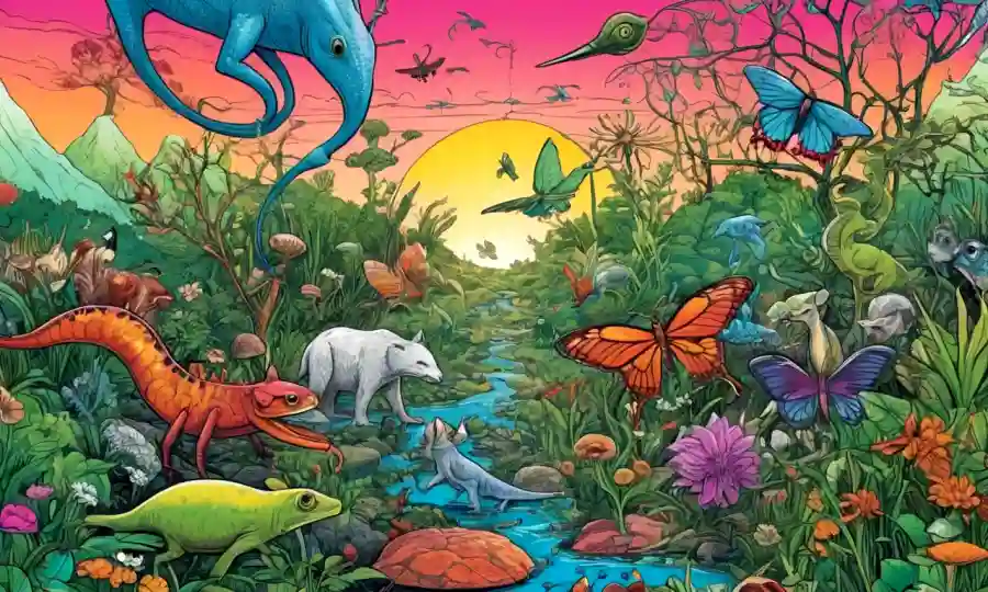 Criaturas y plantas interconectadas destacadas en una escena de naturaleza vibrante con iconos que representan diferentes tipos de simbiosis.