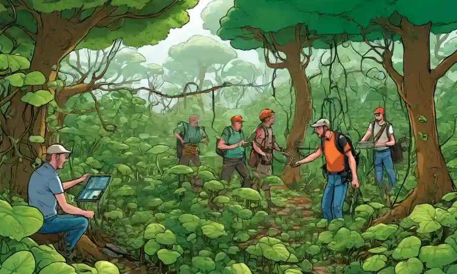 Una mezcla de redes fúngicas e imágenes interactivas de taller con hojas verdes y personas.