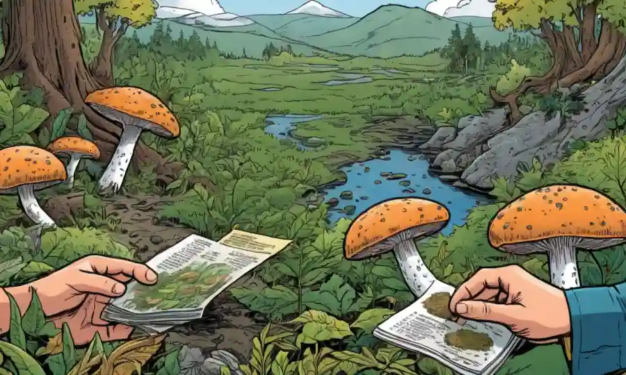 Manos examinando hongos y muestras de biomasa en medio de escenas naturales.