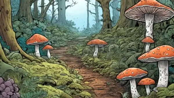 Imagen mostrando hongos microscópicos micelium en medio de un entorno natural.