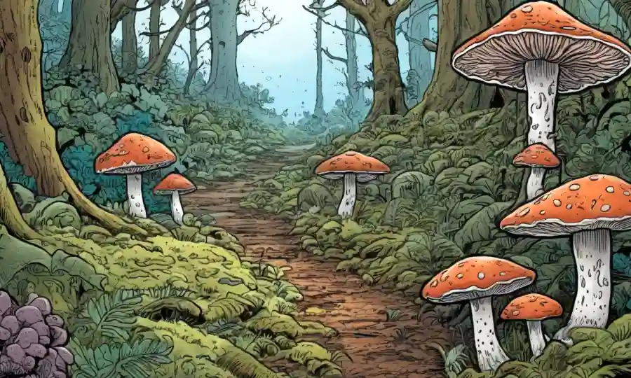 Imagen mostrando hongos microscópicos micelium en medio de un entorno natural.