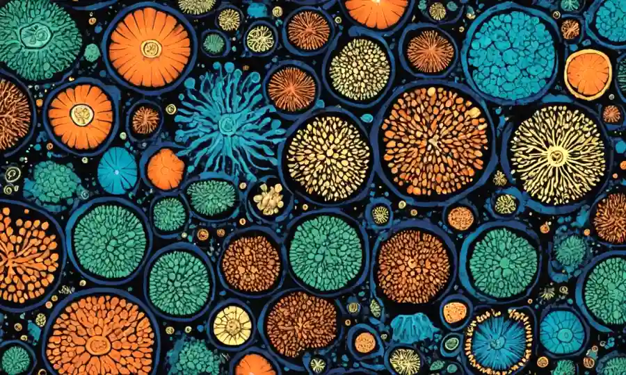 Una imagen microscópica de esporas con formas y tamaños variables.