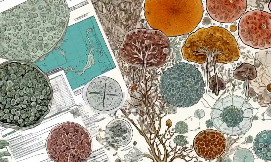 Imagen del microscopio con esporas fúngicas mostradas junto a gráficos y gráficos.