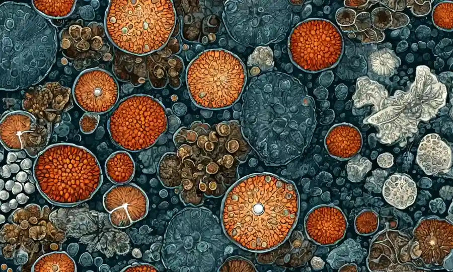 Vista microscopio de esporas fúngicas en diferentes formas y tamaños.