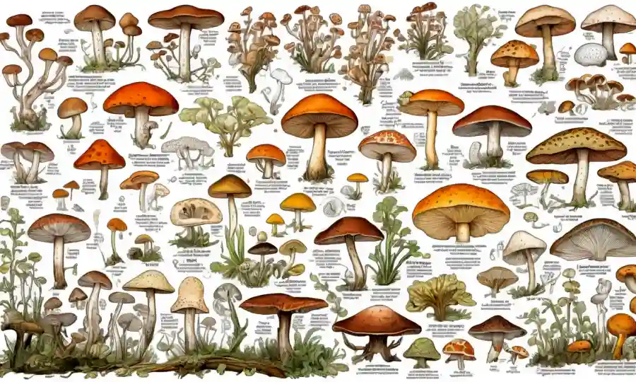 Ilustración científica de especies de hongos con definiciones taxonómicas críticas superpuestas.