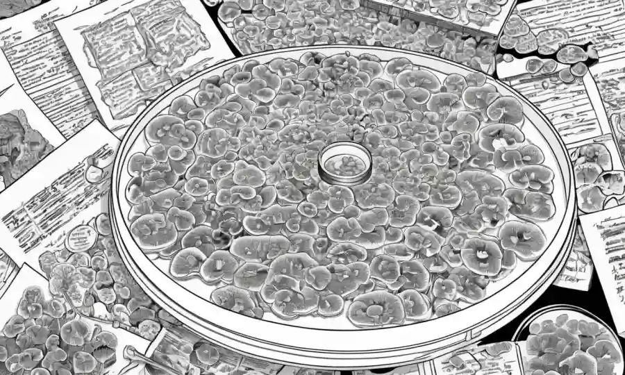 Un microscopio o un plato petri lleno de hongos, rodeado de notas y papeles de investigación.