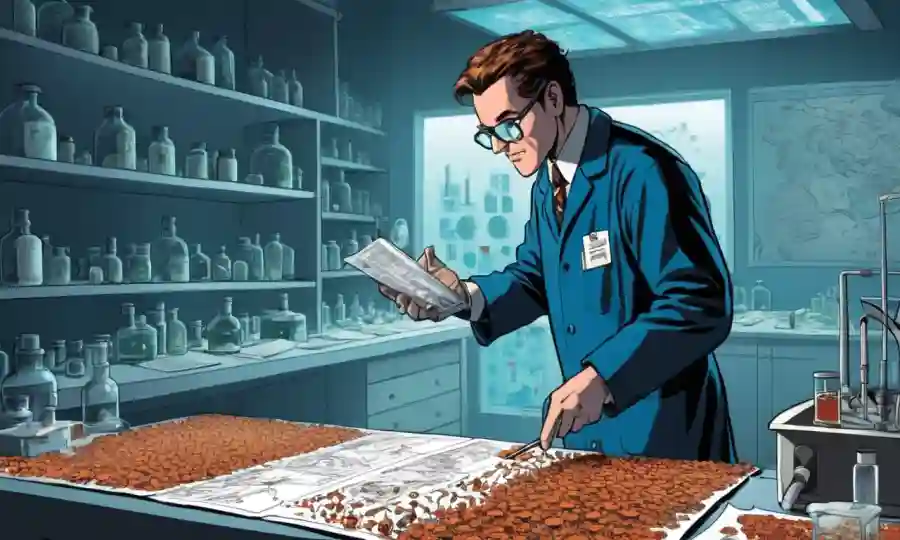 Científico examinando especímenes de hongos en un entorno de laboratorio con gráficos y datos.