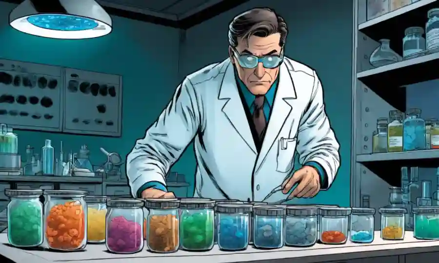 Científico examinando muestras de ADN en una mesa de laboratorio en medio de platos y equipos de hongos Petri.
