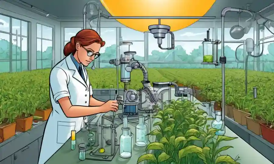 Científico experimentando con microorganismos en equipos de laboratorio, rodeado de cultivos o diagramas agrícolas.