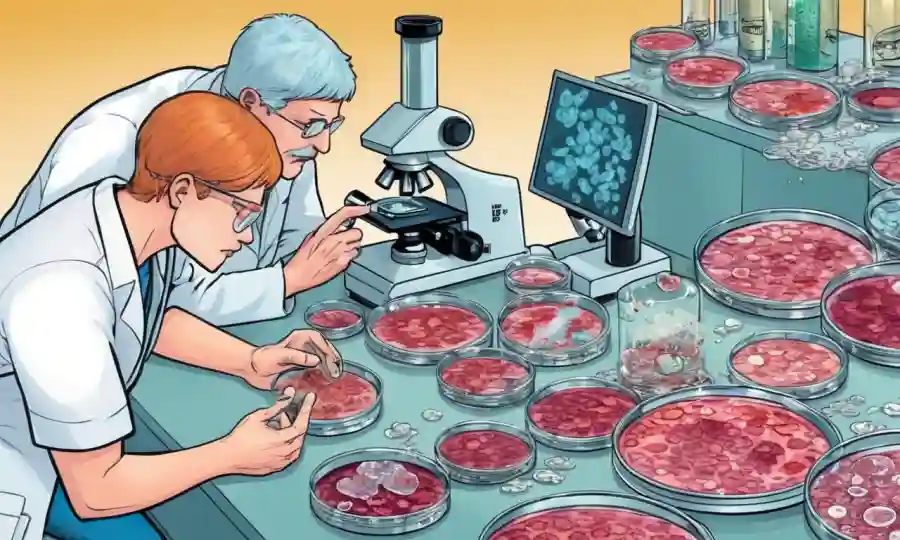 Investigadores científicos que estudian platos petri llenos de culturas fúngicas bajo un microscopio.