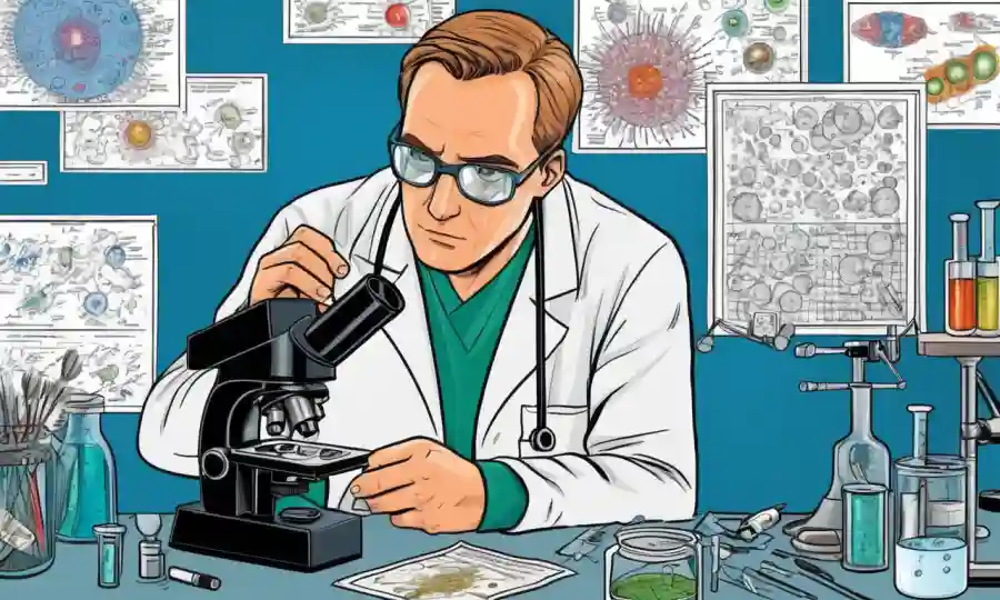 Un técnico de laboratorio que examina microorganismos bajo un microscopio, rodeado de diagramas y gráficos científicos.