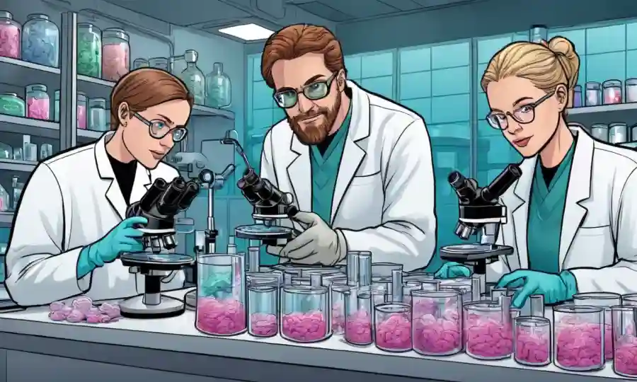 Microbiólogos trabajando en un laboratorio con platos petri y microscopios.