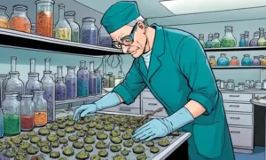 Científico manejando cuidadosamente especímenes hongos en un entorno de laboratorio.