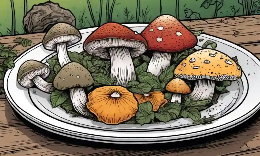 Variedades de setas con información nutricional mostrada en un plato.