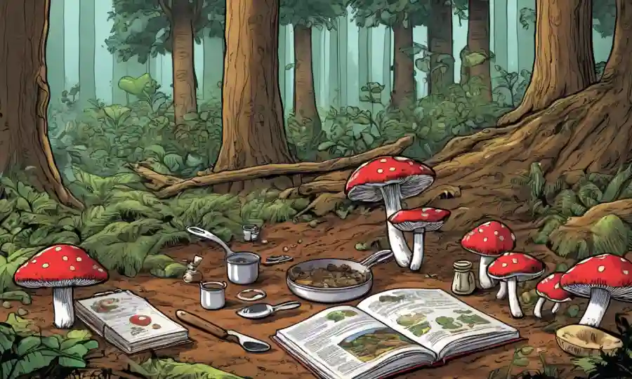 Setas creciendo en un bosque, con utensilios de cocina y libros de recetas cercanos.
