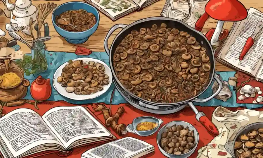 Mushrooms cocinados en varios estilos, rodeados de páginas y utensilios de cocina española.