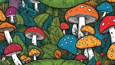 icono de riesgo en un fondo de varias formas de hongos con técnicas de conservación superpuestas.