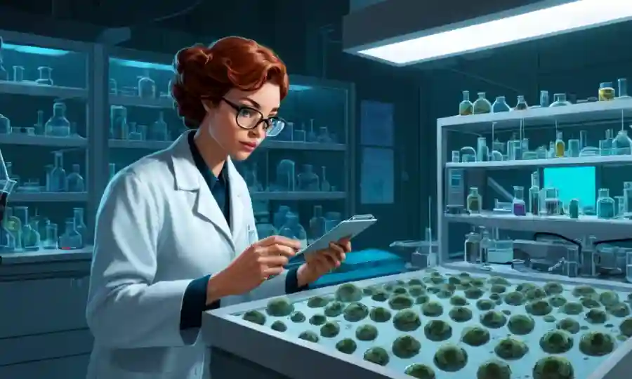 Científico examinando muestras fúngicas en un laboratorio con equipos futuristas.