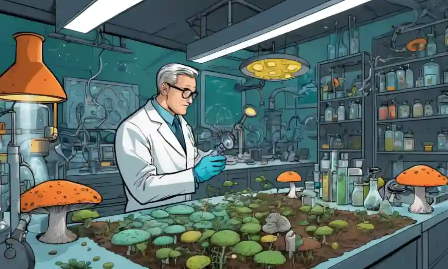 Científico en un laboratorio que recoge muestras de hongos de la naturaleza en medio de diversos equipos de investigación.
