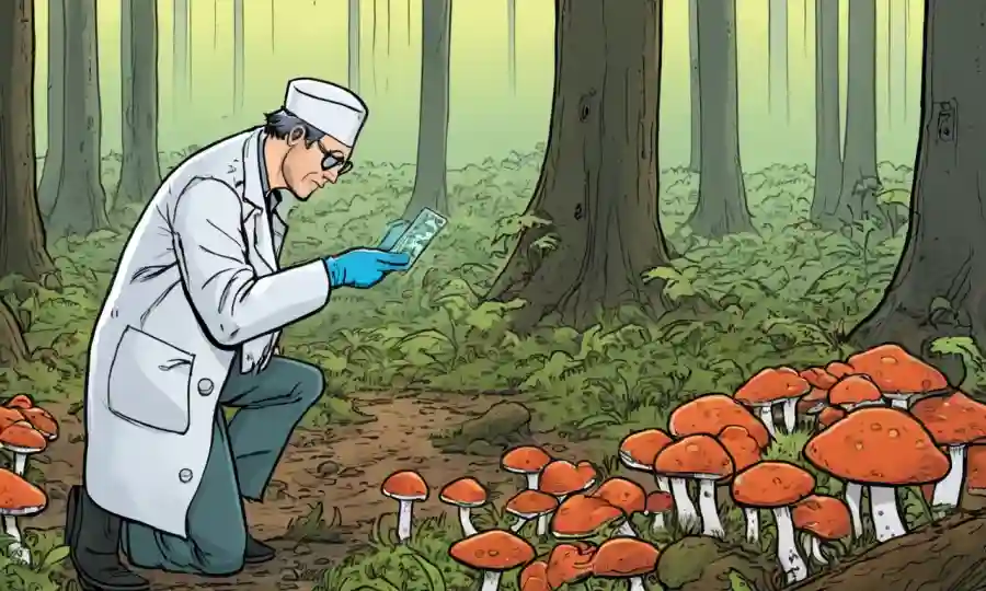 Científicos recolectando muestras fúngicas del suelo del bosque en medio del fondo de la niebla.