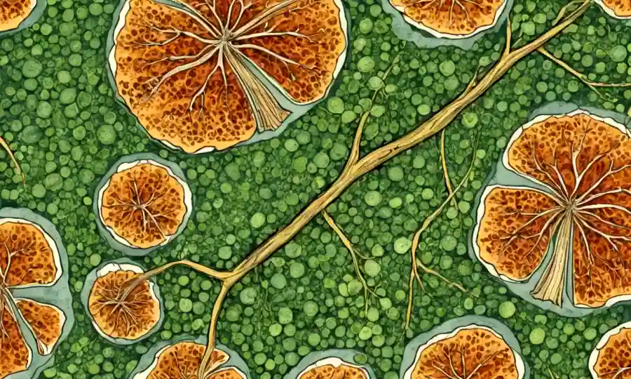 Imagen microscópica de tejido vegetal con crecimiento fúngico en muestras de sustrato.
