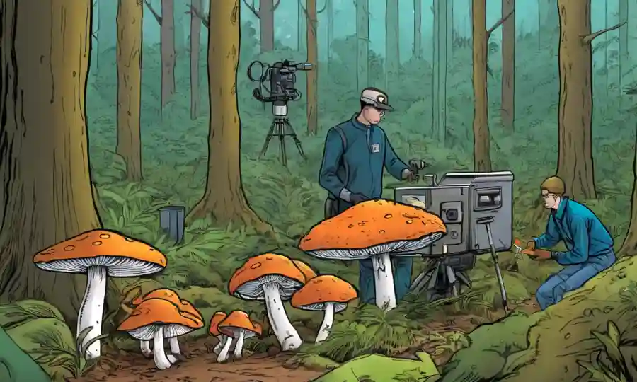 Se recolecta una muestra de hongos en un entorno forestal con equipos de investigación cercanos.