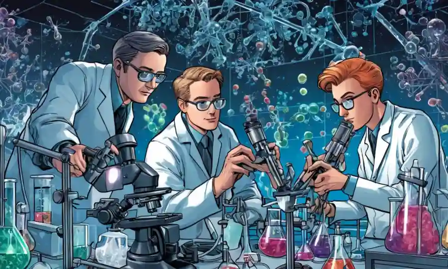 Investigadores de laboratorio que trabajan en microscopios rodeados de estructuras moleculares y tubos de ensayo.