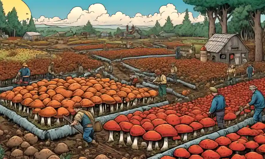 Una gran granja de hongos con agricultores que tienden a filas de hongos.