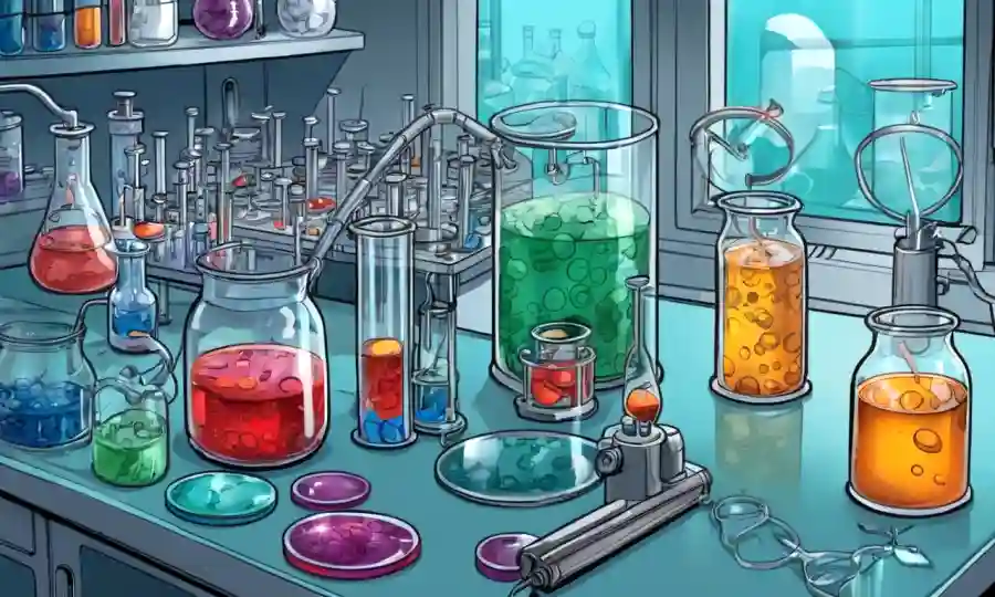 Escena científica de laboratorio con platos petri, tubos de ensayo y equipo.