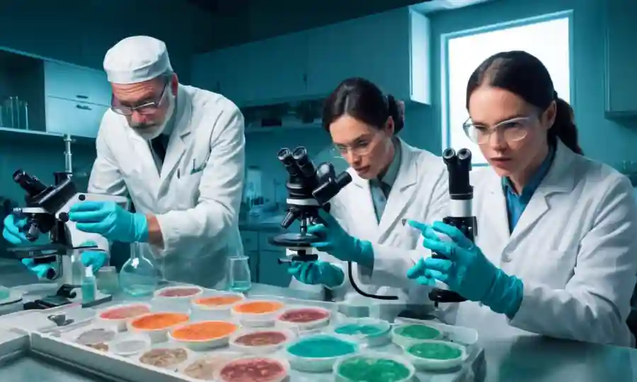 Científicos de laboratorio con guantes