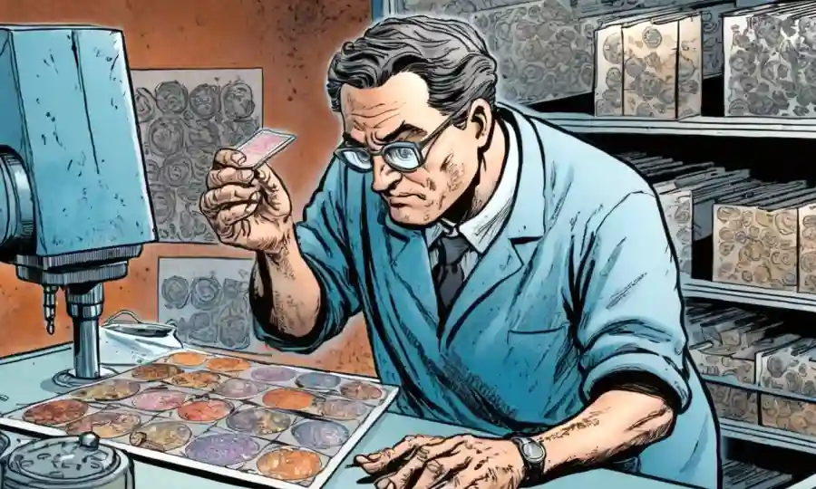 Laboracionista examinando diapositivas microscópicas con diversas técnicas de tinción.