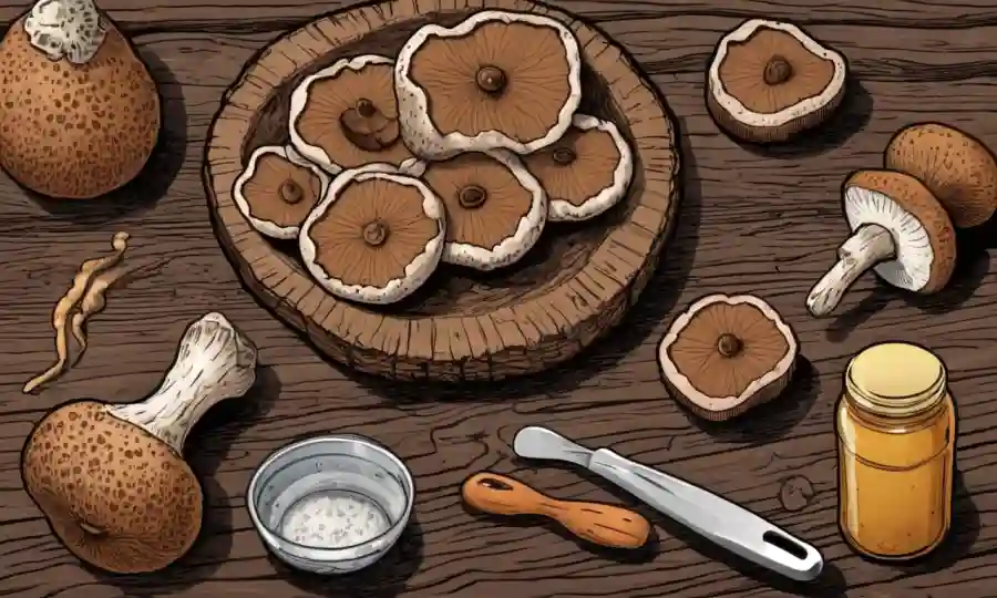 Setas Shiitake en una superficie de madera con varias herramientas de preservación.
