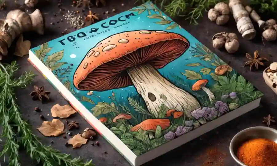 Cubierta de libro con secado de setas, rodeada de hierbas y especias.