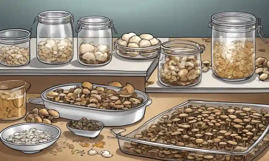 Una imagen de proceso detallado que muestra pasos de preparación de hongos y técnicas deshidratantes.